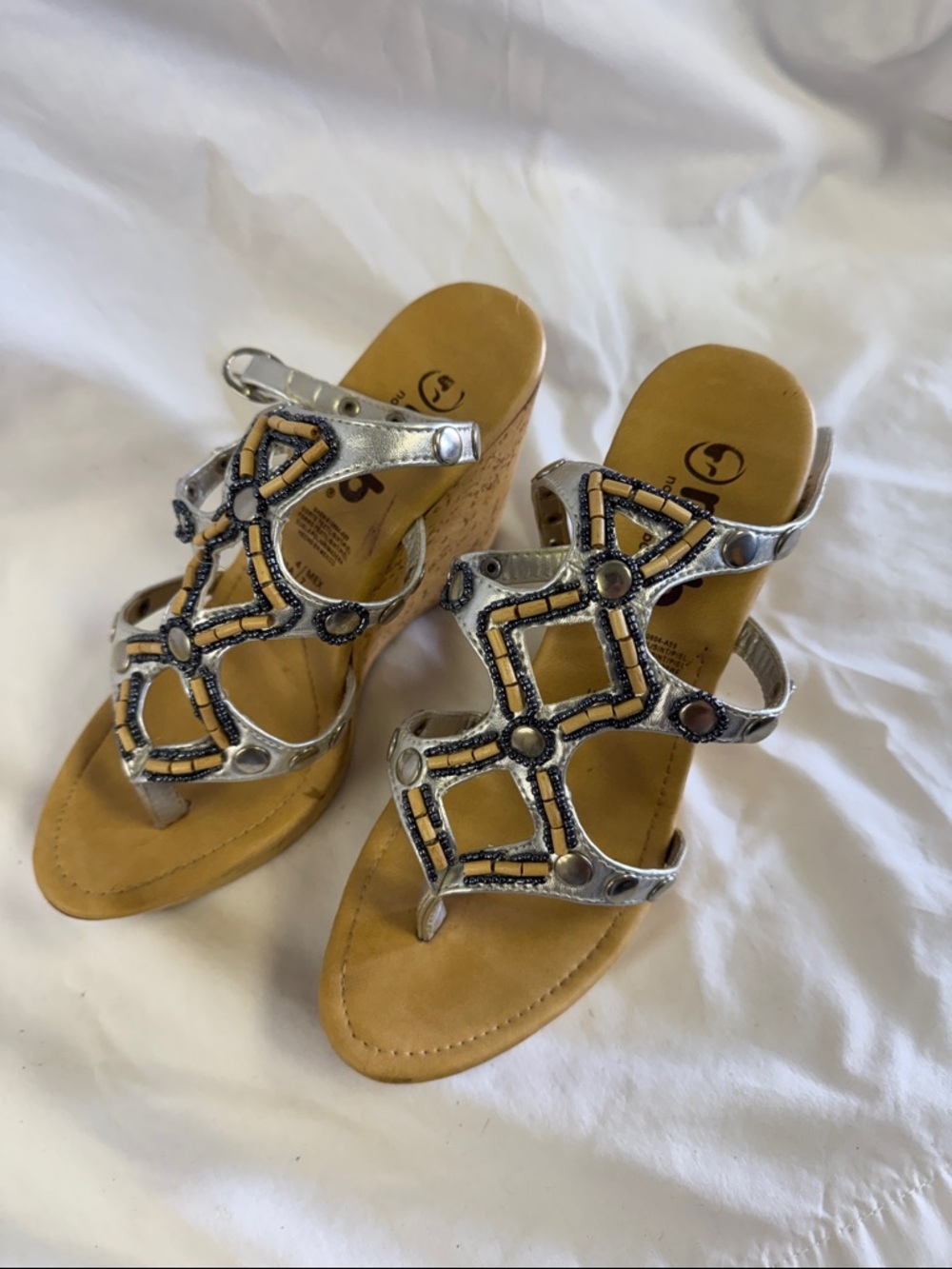 Silver Beaded Wedge Sandals in Tan Footbed - Women